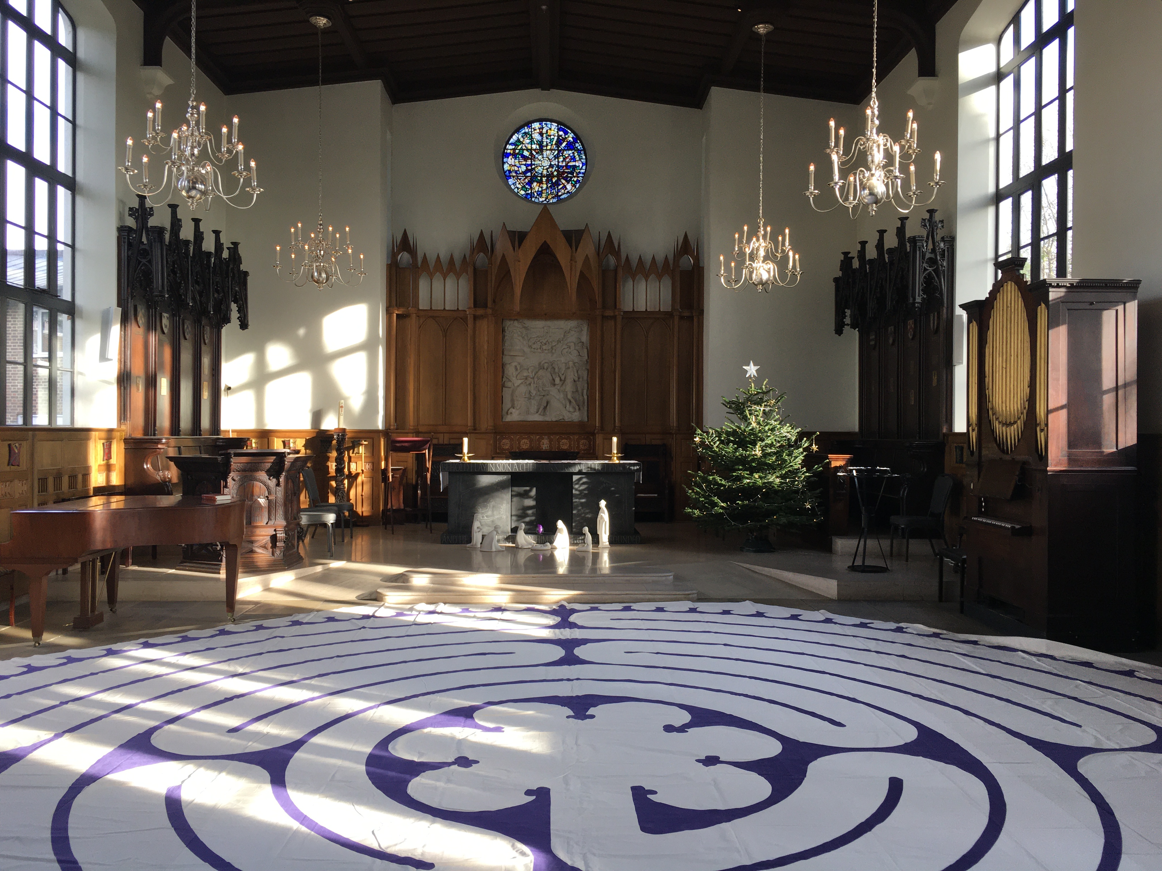 The interior of the Chapel at the Royal Foundation of St Katharine with a labyrinth laid out on the floor