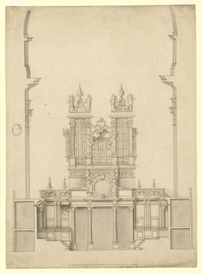 Fig. 4. Elevation and section of east side of west range of choir stalls including the organ, drawn by Hawksmoor, c.1693–94 (WRE/4/2/6[D180])