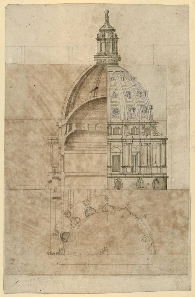 Fig. 5. Composite section, plan and elevation of two versions of a 16-bay dome, developed from the ‘Revised design’, drawn by Hawksmoor, c.1690 (WRE/5/1/3[D95])