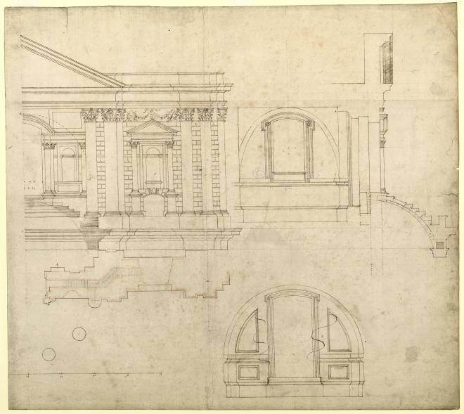 Fig. 5. Detail of study for the elevation, plan and section of the upper transept front. Drawn by the unidentified draughtsman (fl.1675–c.1686). Datable, 1685–86 (WRE/3/2/5[D46])
