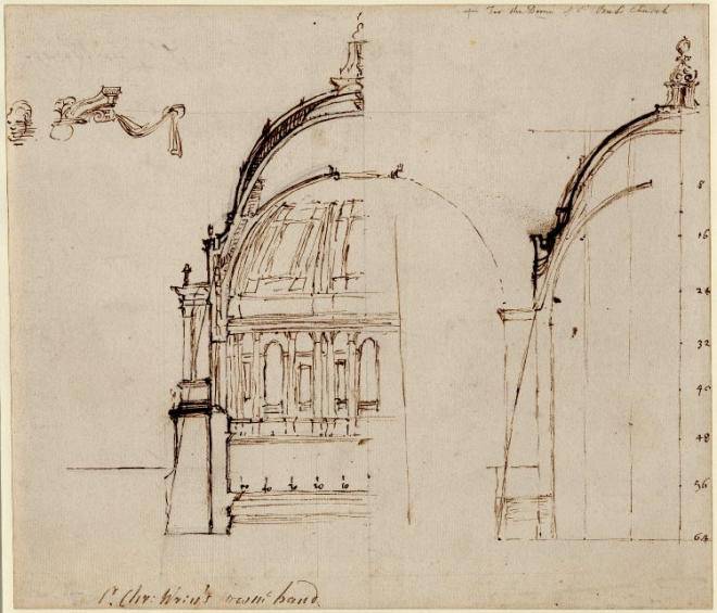 Fig. 6. Study-design for a dome with the profile of a ‘cubic parabola’, drawn by Wren, c.1690 (© British Museum, 1881-06-11-203)