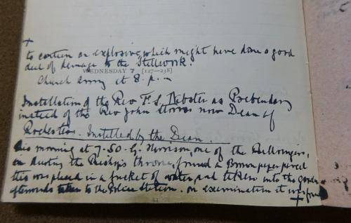 Entry from the Virger’s Diary, 7 July 1913, describing the discovery of an explosive device beneath the Bishop’s Throne (Ref. No. LRat/126)