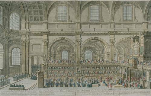 Fig. 6. Robert Trevitt's engraved view of the choir at a thanksgiving service attended by Queen Anne, 31 December 1706 (© City of London, London Metropolitan Archives)