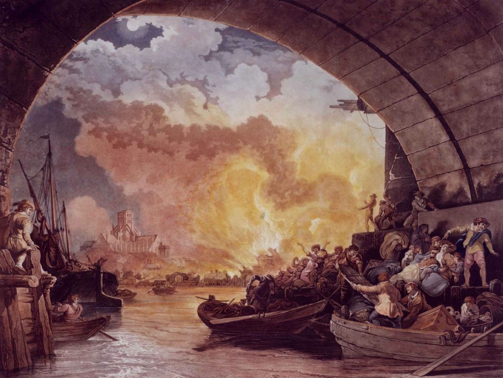 A painting of people getting onto boats during the fire with the city burning in the background