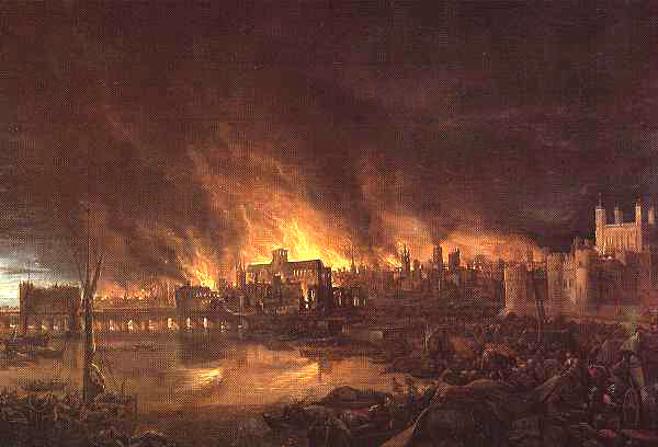 An image of London during the Great Fire with the old cathedral in the centre