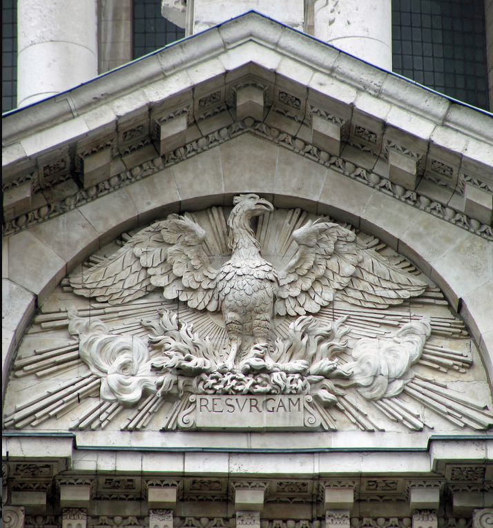 A photo of the phoenix carved above a door at the cathedral