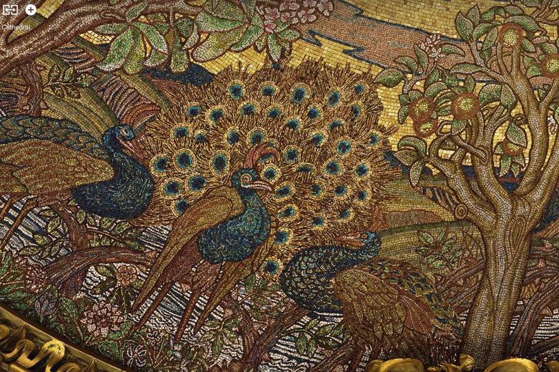 A close up image of peacocks in a mosaic in the cathedral