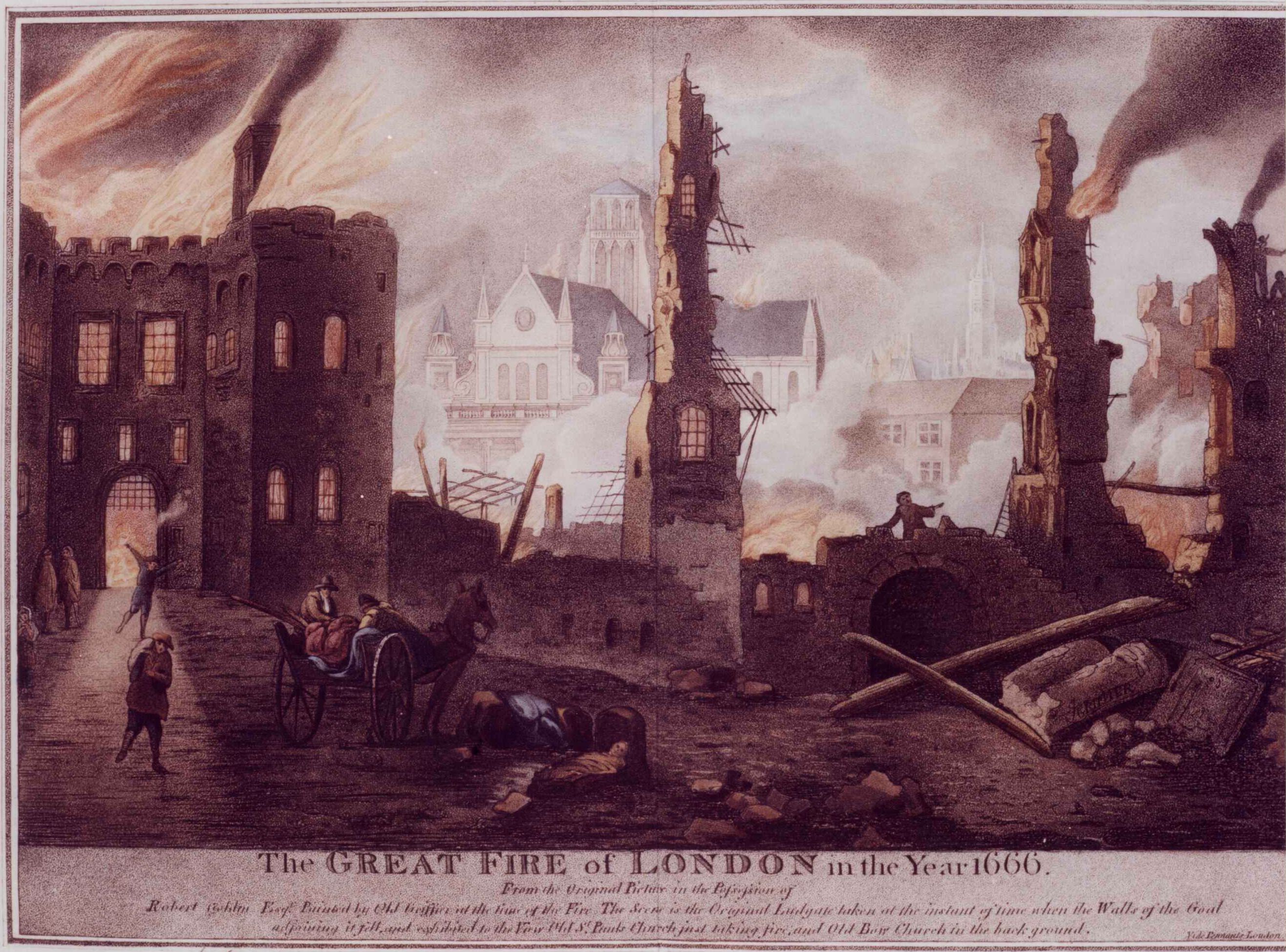 A drawing of the rubble of the old cathedral after the great fire of London