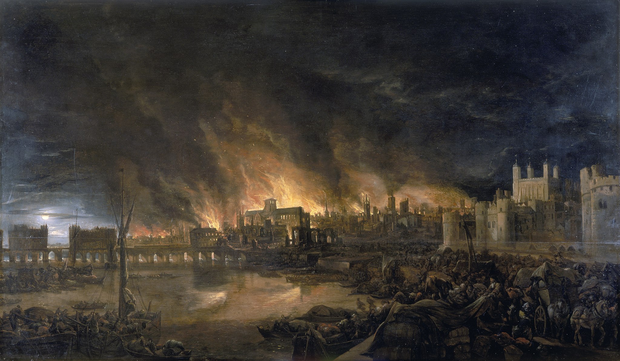 A painting of the city on fire during the great fire of London
