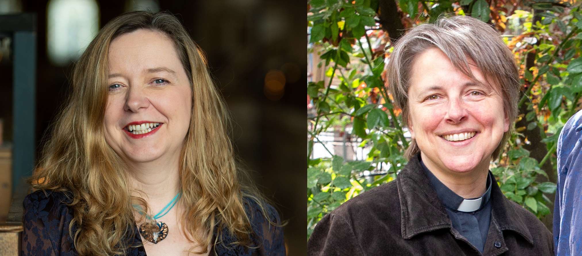 The photograph shows Paula Gooder and Lucy Winkett, alongside each other in separate photographs.  Paula Gooder is a white woman with long wavy blond hair wearing a blue necklace and dark blue jacket. Lucy Winkett is a white woman with short brown hair wearing a clerical collar in a dark blue shirt and a dark grey jacket.