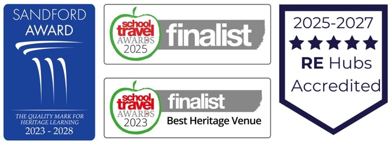 the logos for the Sandford Awards 2023-2028, RE Hubs Accredited 2025-2027 and School Travel awards finalist 2025, and finalist for best heritage venue 2023
