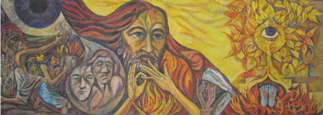 A colourful depiction of a bearded man and other people with flames of the holy spirit and a bush with a single eye