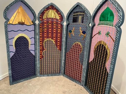 four fabric panels depicting outlines of women