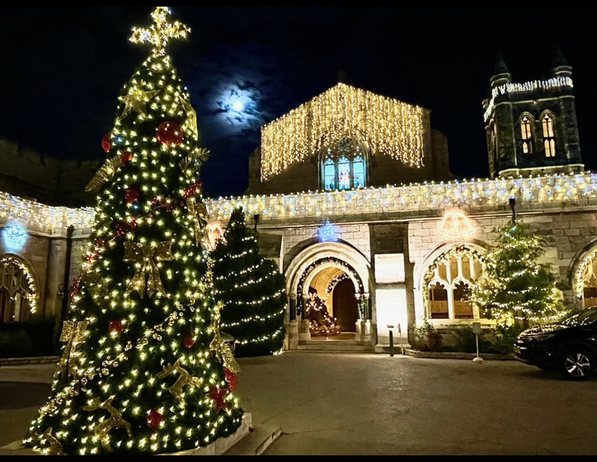 A decorated Christmas tree in front of a church decorated with lights
