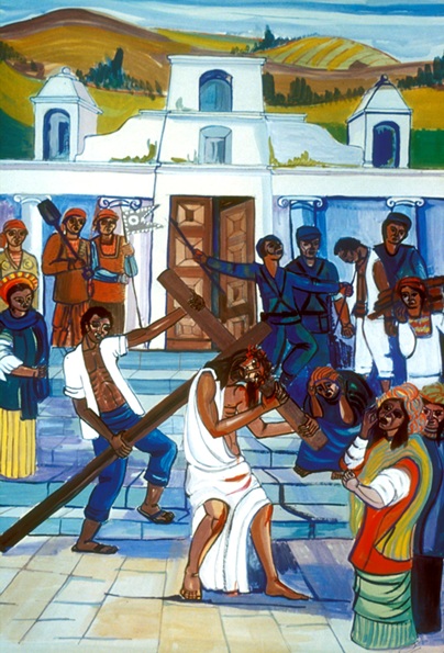 A painting depicting Christ carrying his cross, surrounded by people and guards with a man helping carry the cross behind him