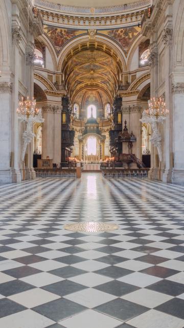 the nave with bright light through windows