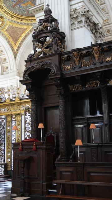 Fig. 5. The Bishop's Throne at the east end of the south range of stalls. Carved by Grinling Gibbons, 1696–9