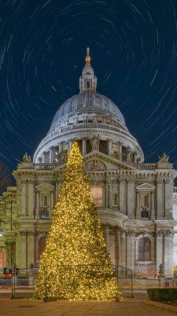 The exterior of St Paul's Cathedral at night with a Christmas tree in the foreground