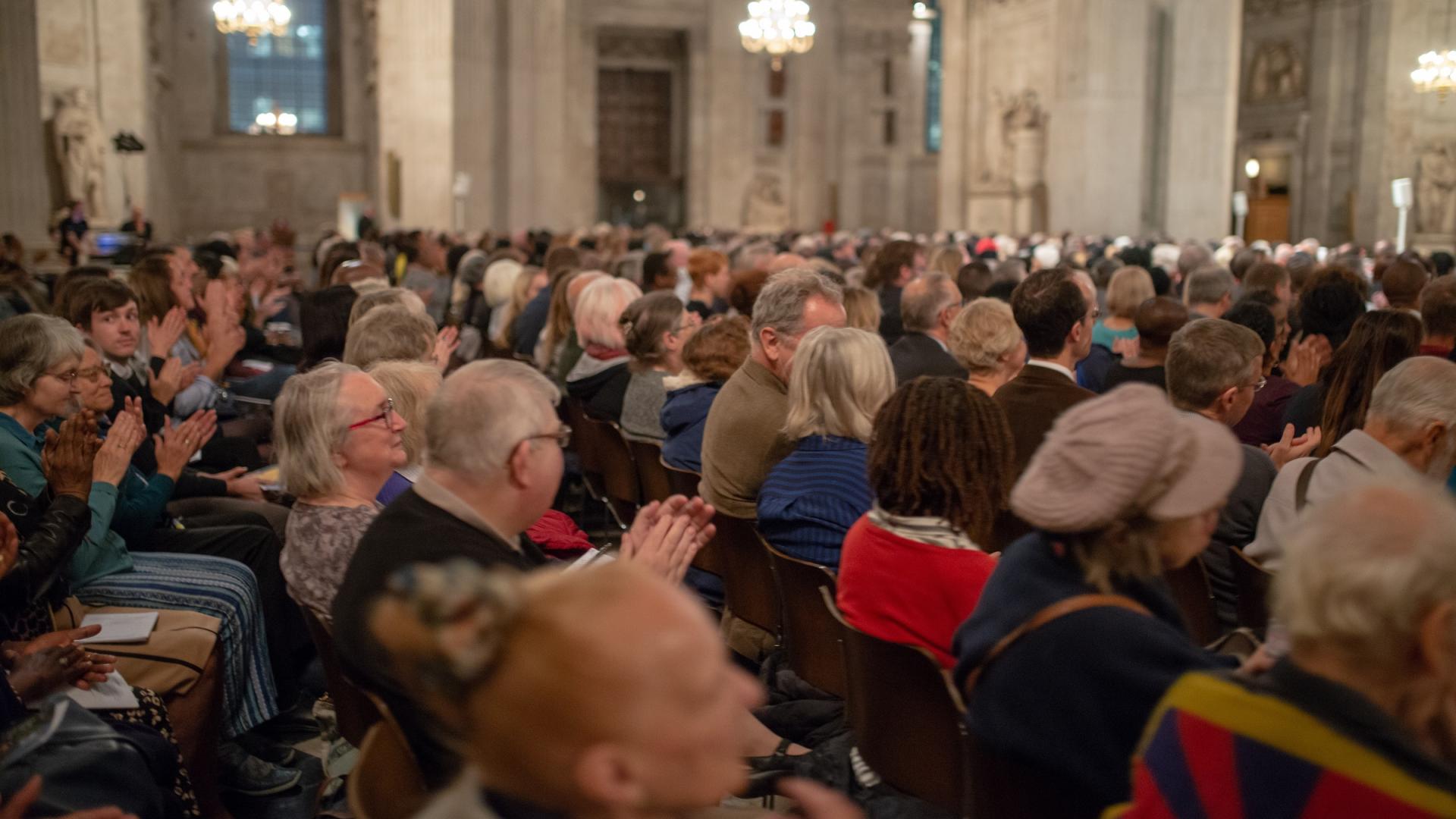 crowd seated in the Cathedral during large service