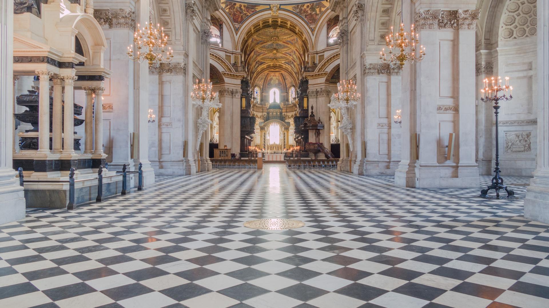 the nave with bright light through windows