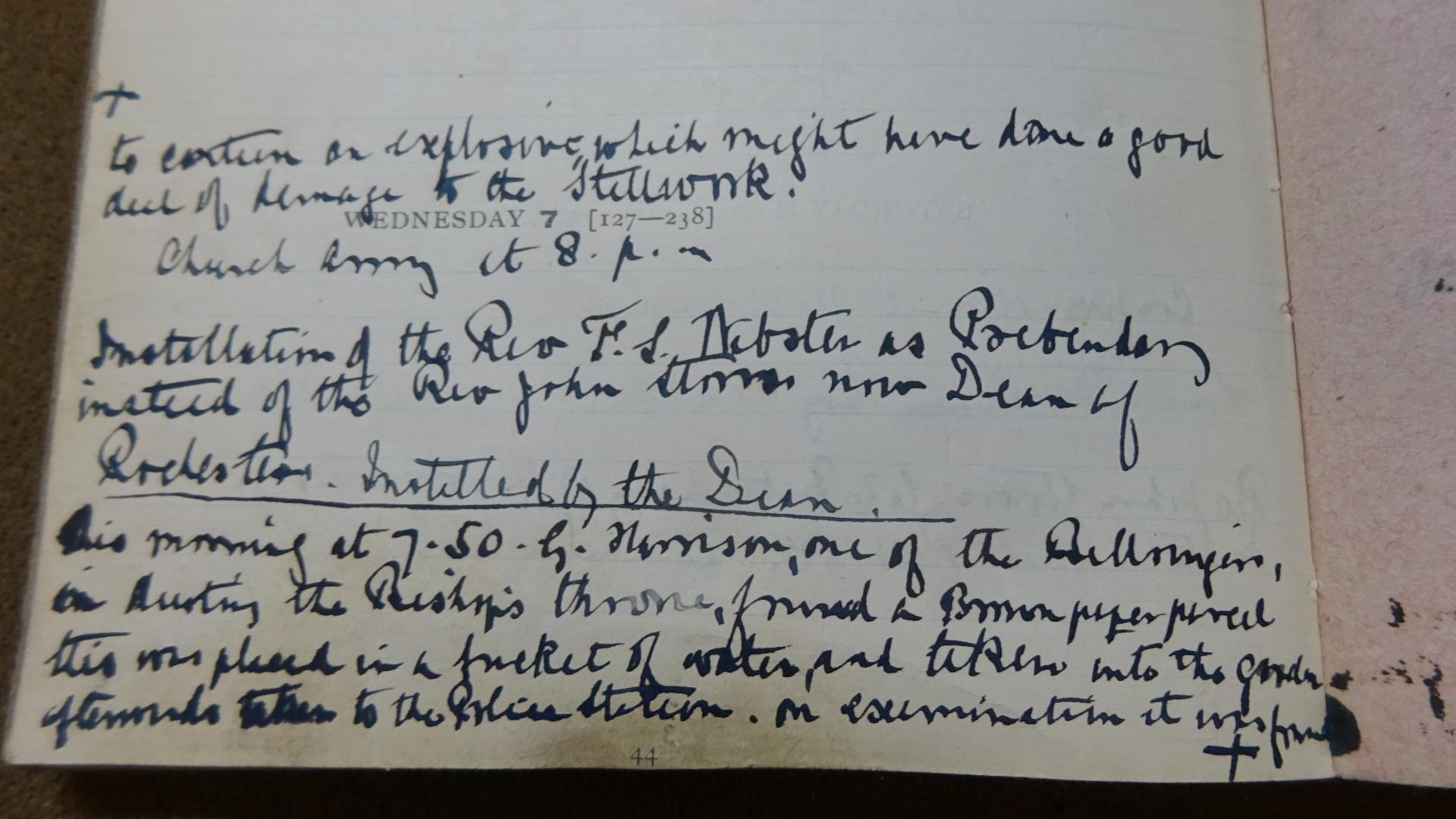 Entry from the Virger’s Diary, 7 July 1913, describing the discovery of an explosive device beneath the Bishop’s Throne (Ref. No. LRat/126)