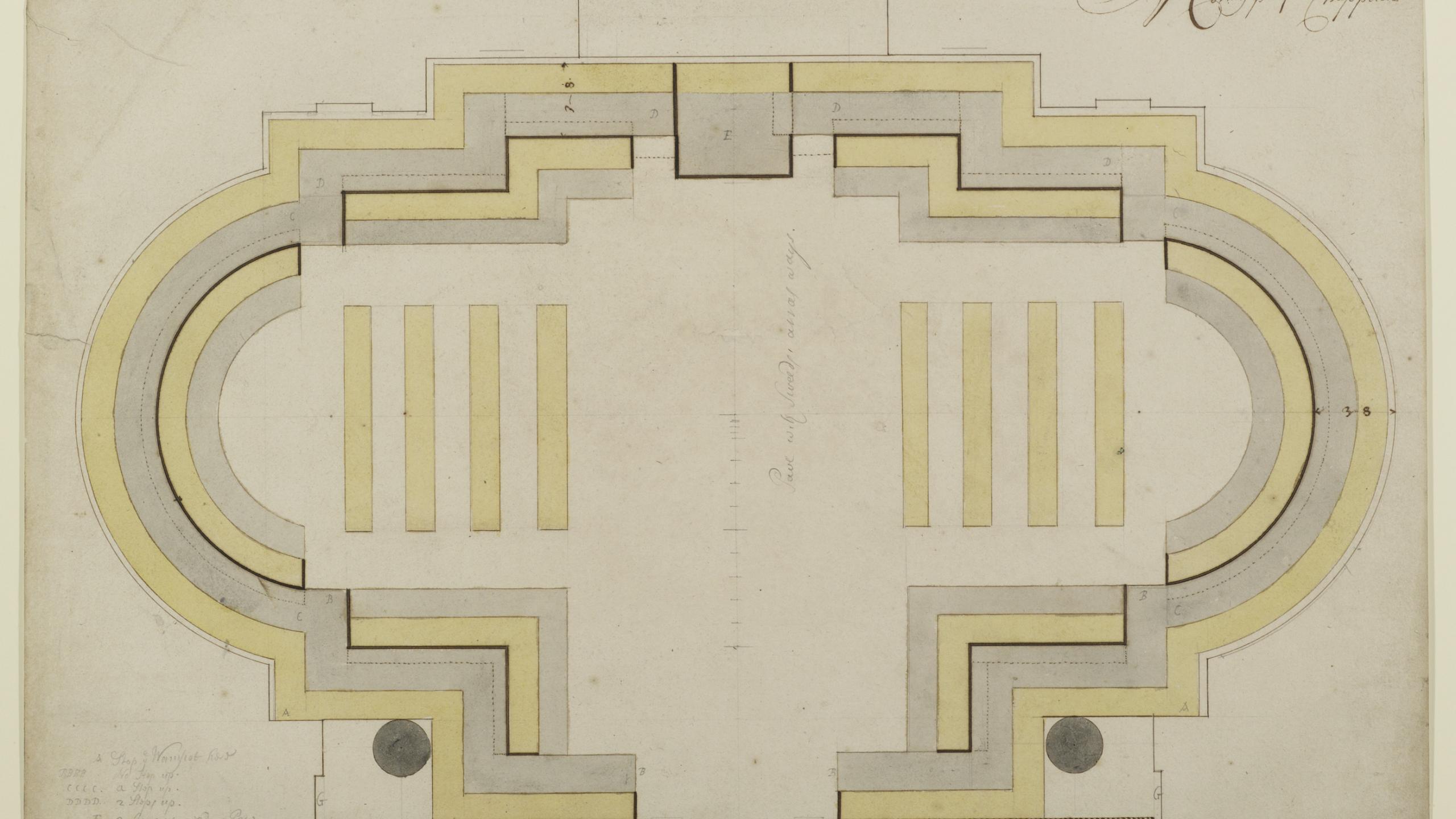 A near-final study for the layout of the Morning Prayer Chapel, drawn and annotated by Hawksmoor, c.1693-94. (WRE/4/3/1)