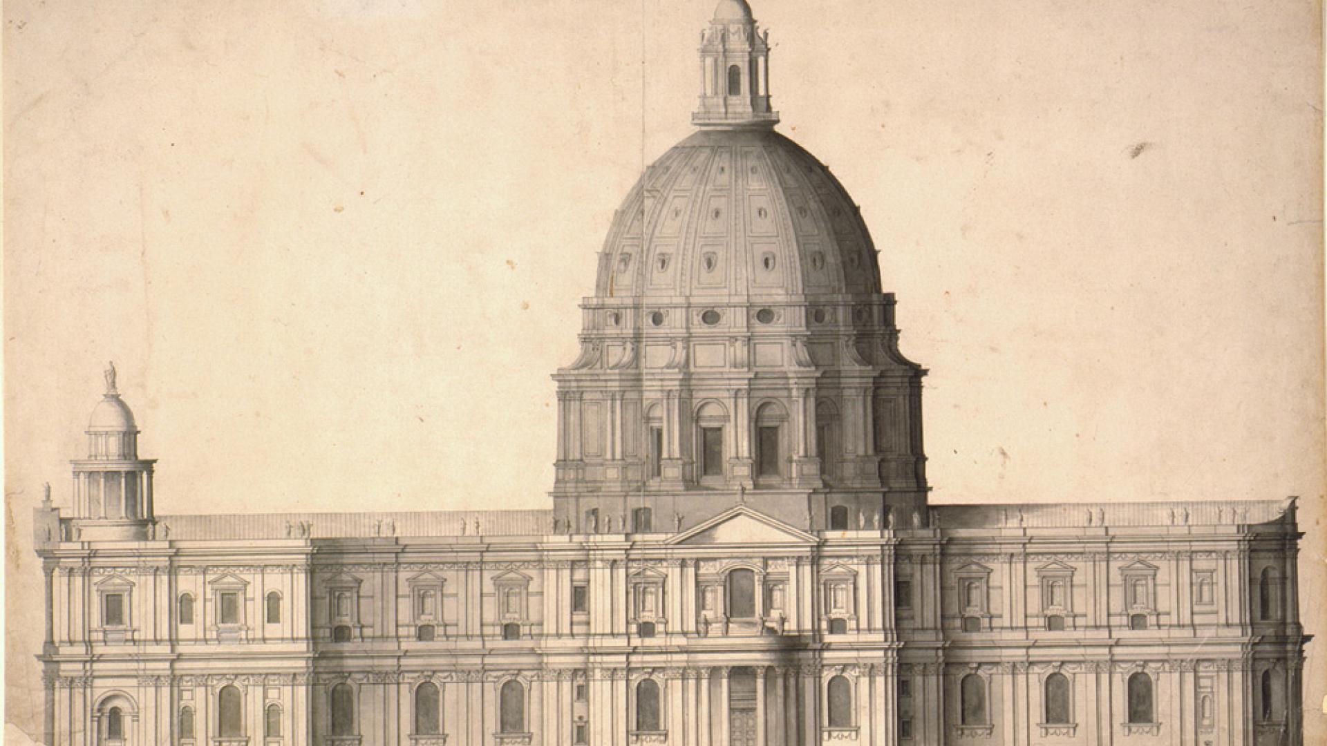 Fig. 1. ‘The Revised design’: South elevation, drawn by Hawksmoor, c.1686 (© All Souls College, Oxford, G.81)