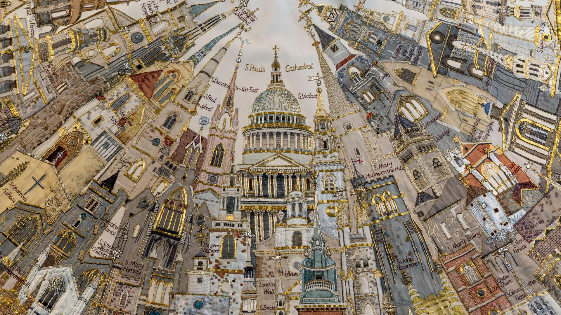 Close up of embroidery on Jubilee Cope depicting St Paul's and Diocese of London churches