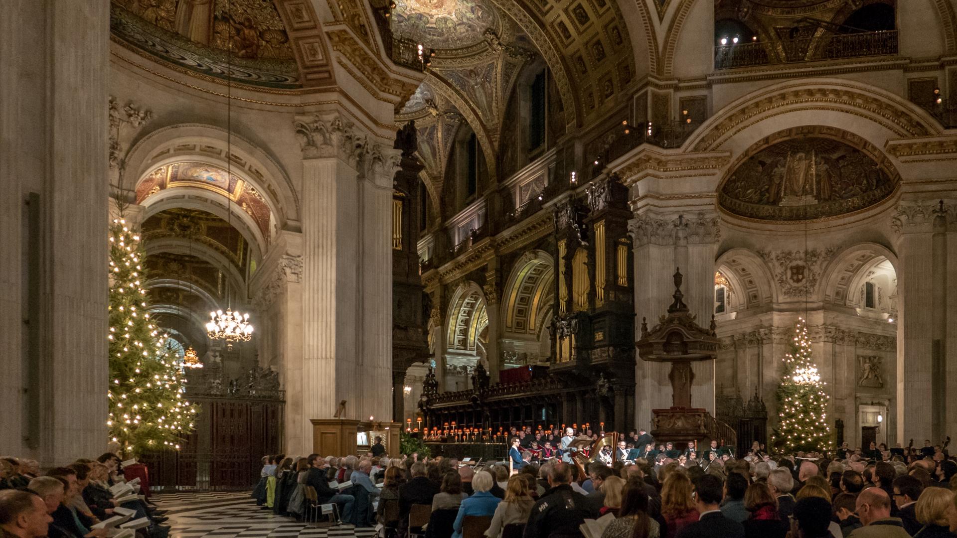 Congregation in the Cathedral for an Advent service with Christmas trees lit