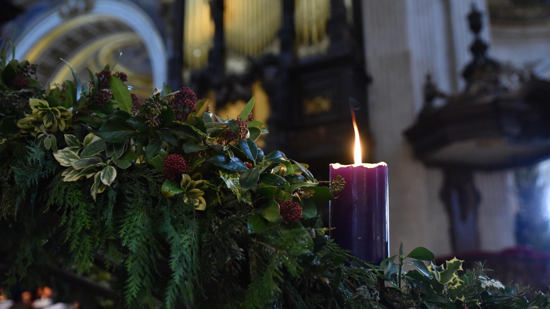 An image of a lit purple candle in the Advent wreath with the organ pipes in the background
