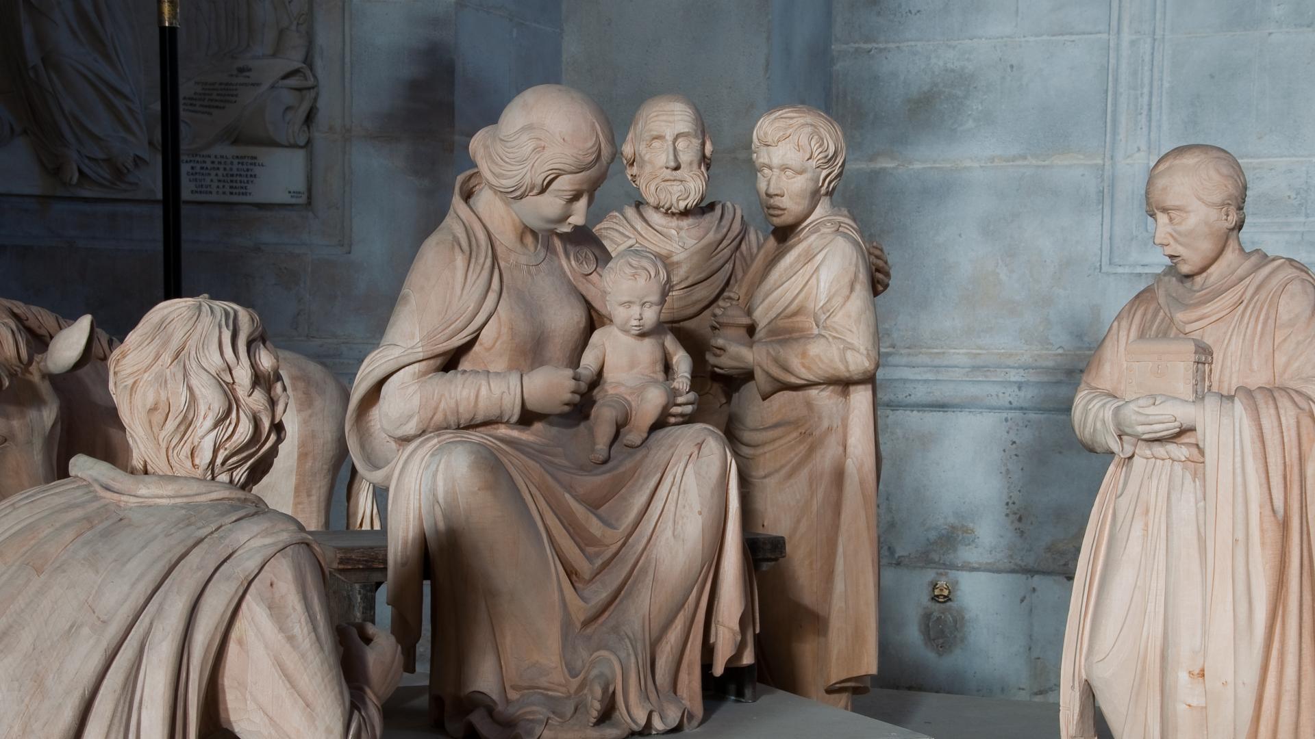 A carved wooden Nativity scene displayed in the Cathedral during Advent and Christmas