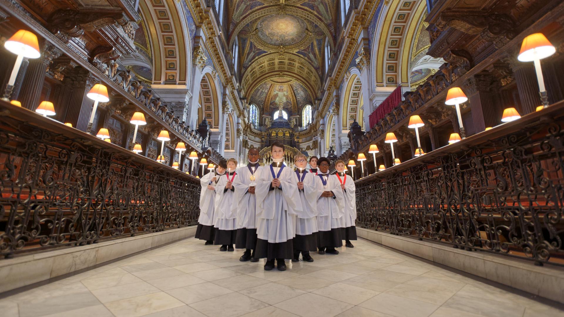 Choristers stand in the Quire at Christmastime