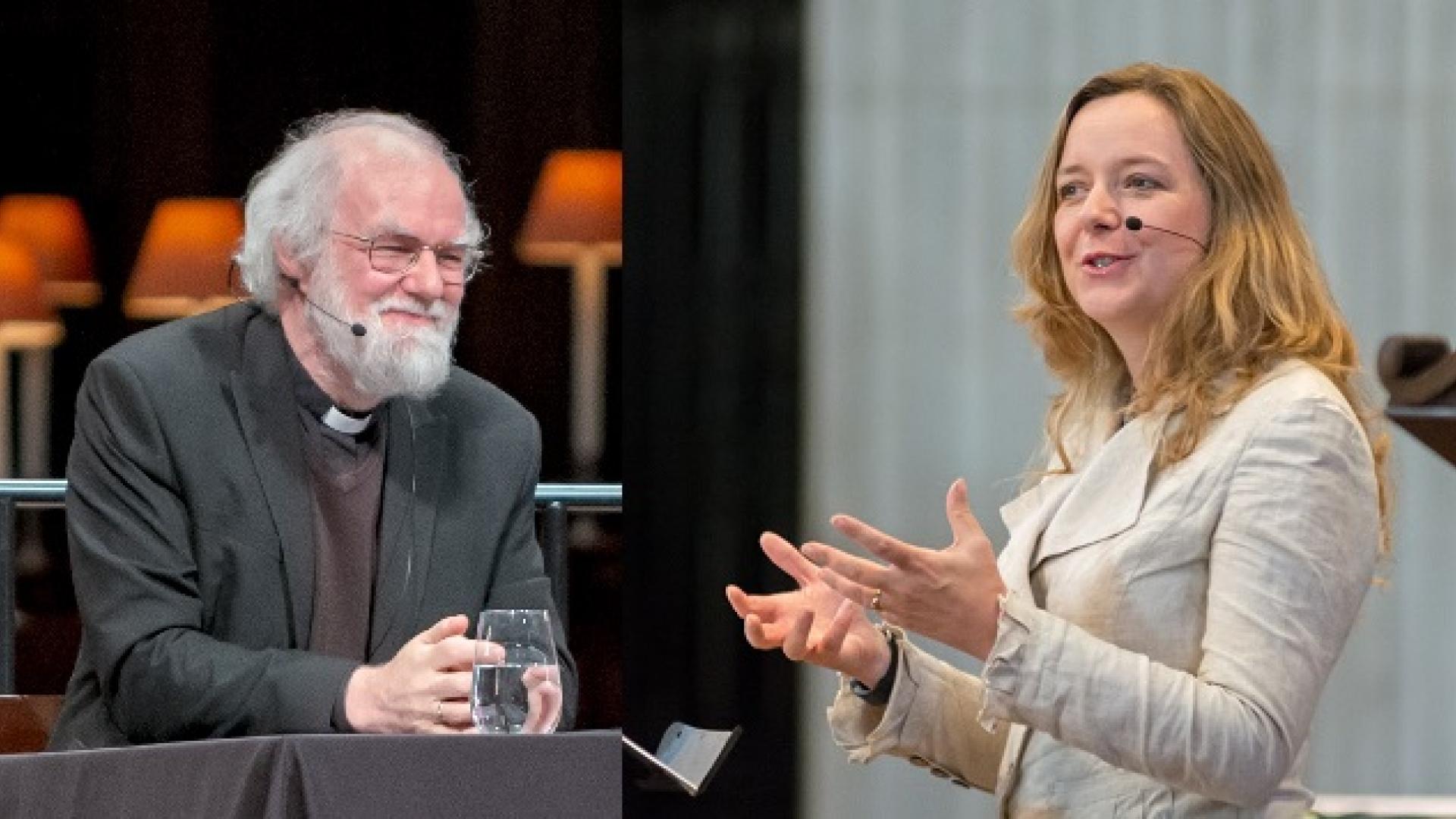 Rowan Williams sitting on stage with the lamps of the quire in the background alongside a picture of Paula Gooder, hands palm upwards in front of her, standing with a pillar and a corner of a wooden lectern in the background.