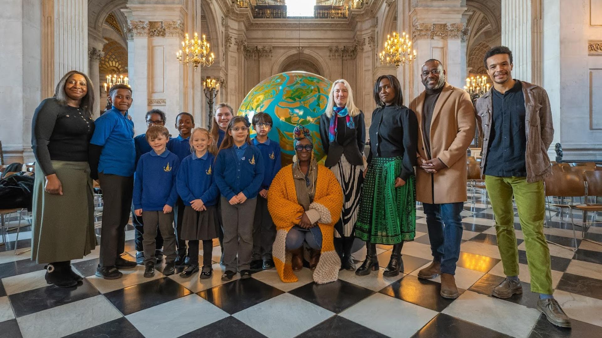 Pupils from St Mary's Islington with art project 'The World Reimagined' founder, Michelle Gayle