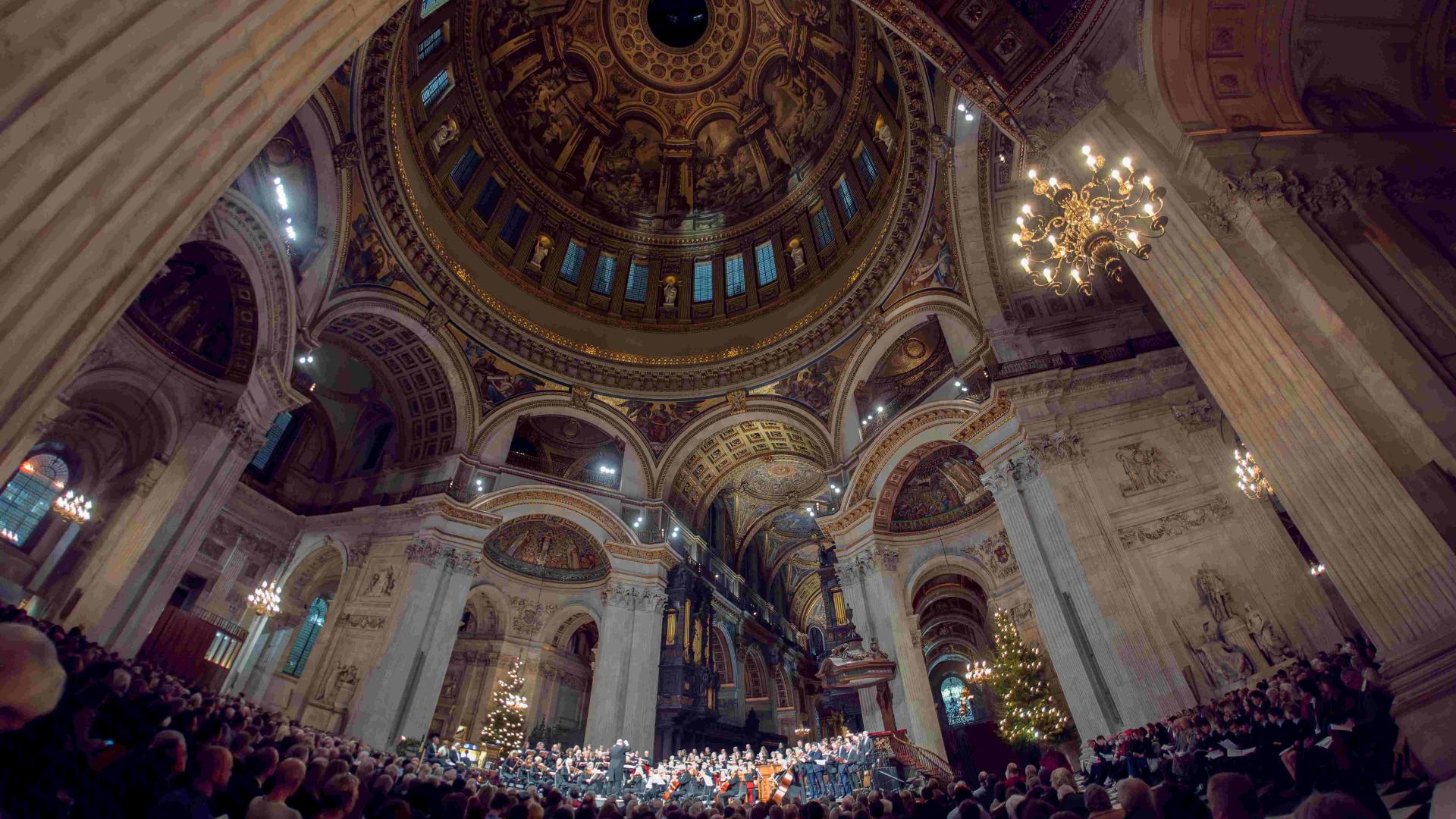 A view of the Cathedral dome looking up during a performance of Handel's Messiah