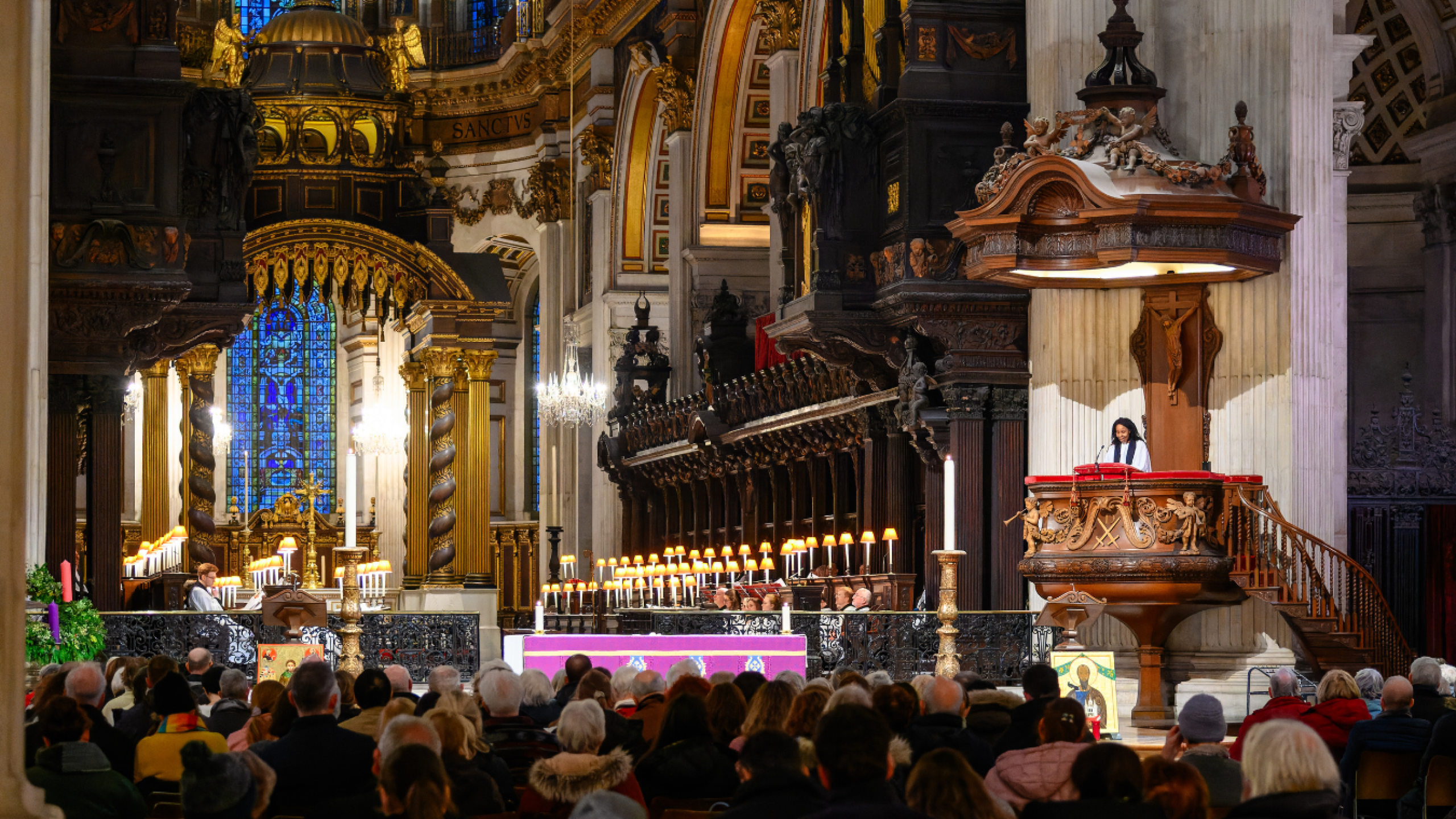 a photo of the Quire at St Paul's Cathedral with a full congregation seated during a service