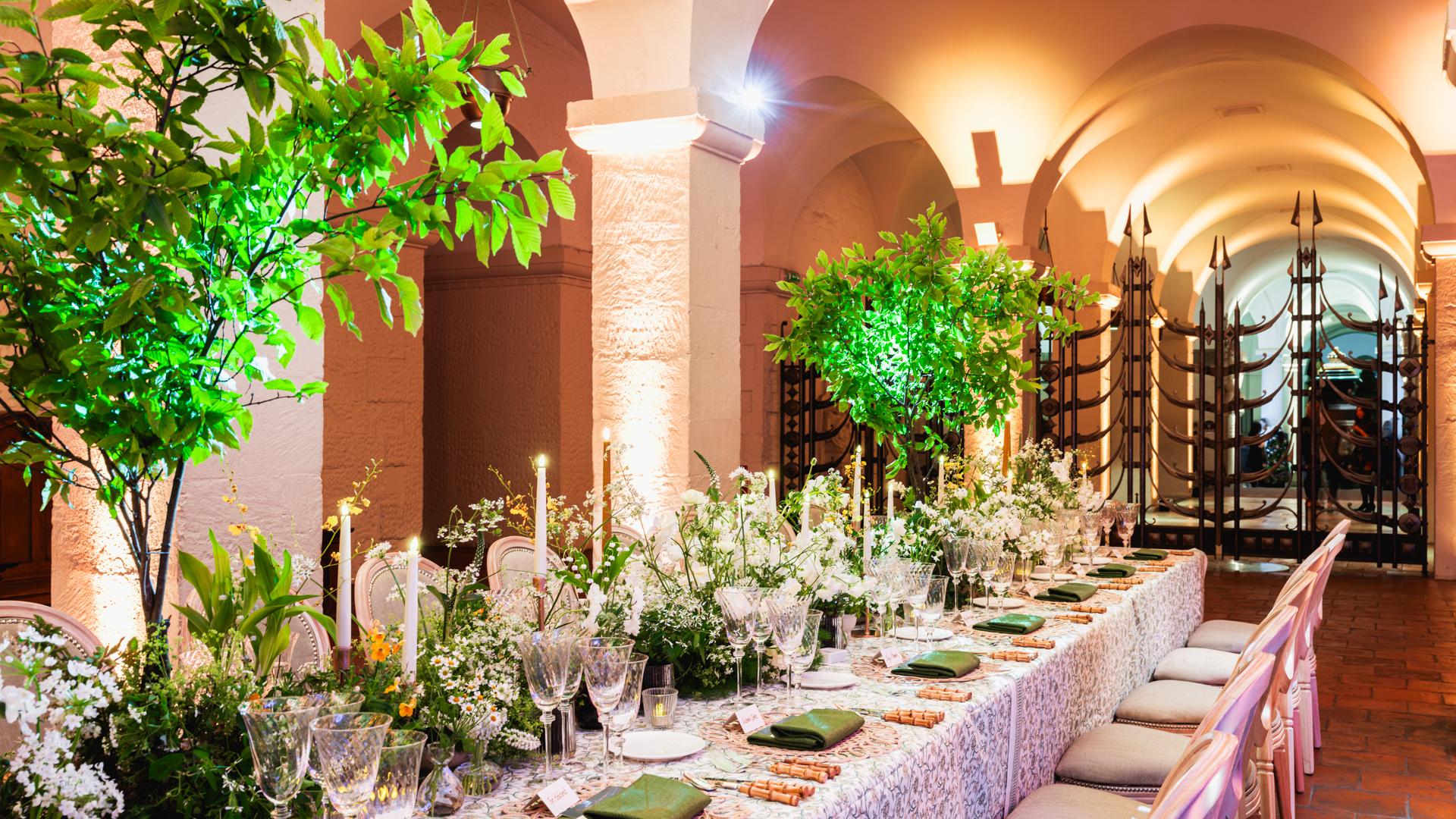 Long table in the Crypt, set for dinner