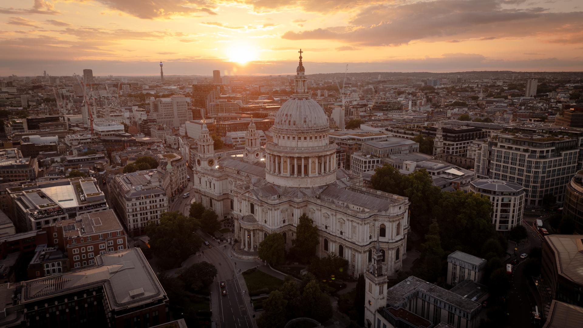 St Paul's viewed from above at sunset.