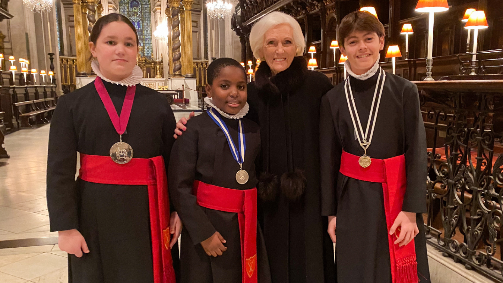 Mary Berry with Choristers Anastasia, Buchi and Hugo.