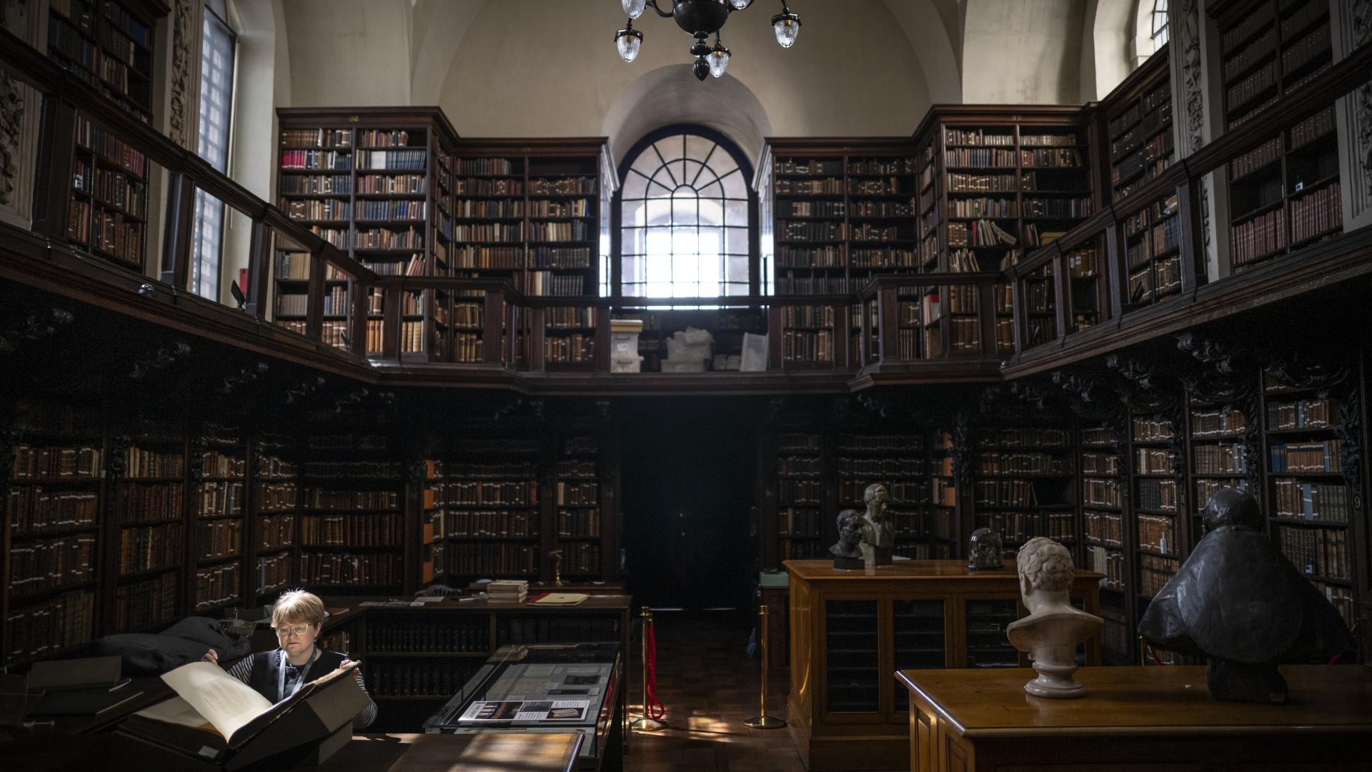 The Library of St Paul's Cathedral. Librarian Anna is reading a manuscript, lit by a sunbeam from the arched window behind.