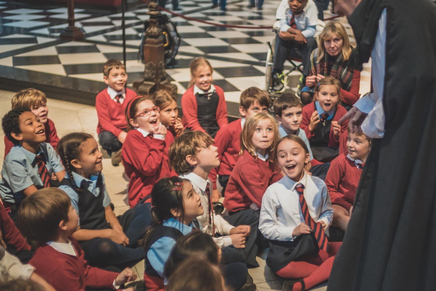 children smiling and laughing on schools trip