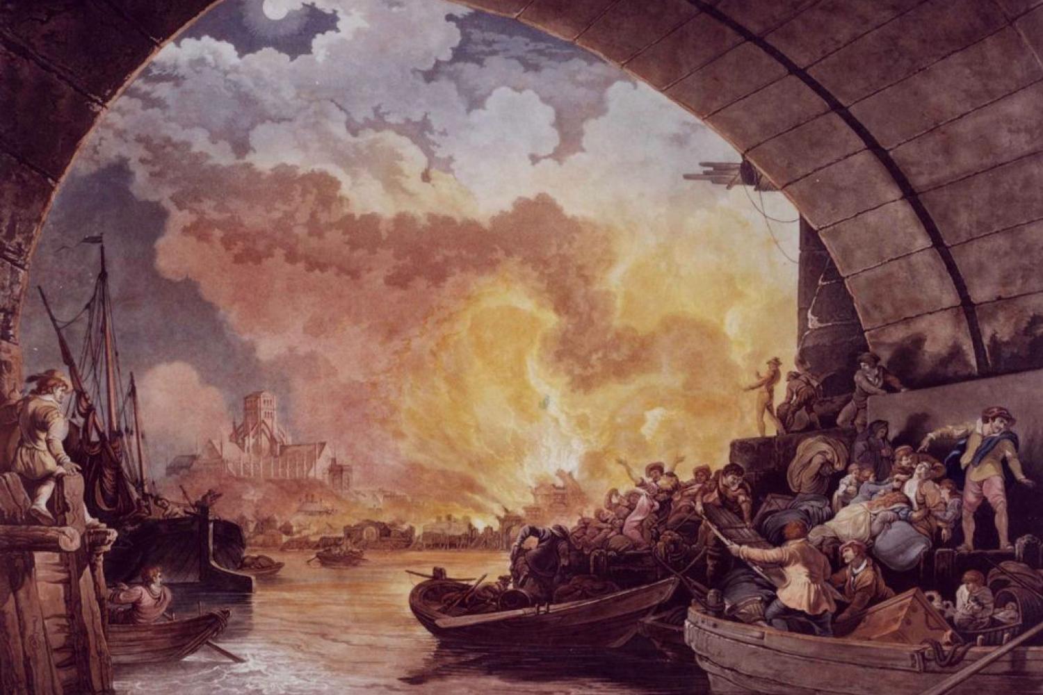 A painting of people getting onto boats during the fire with the city burning in the background