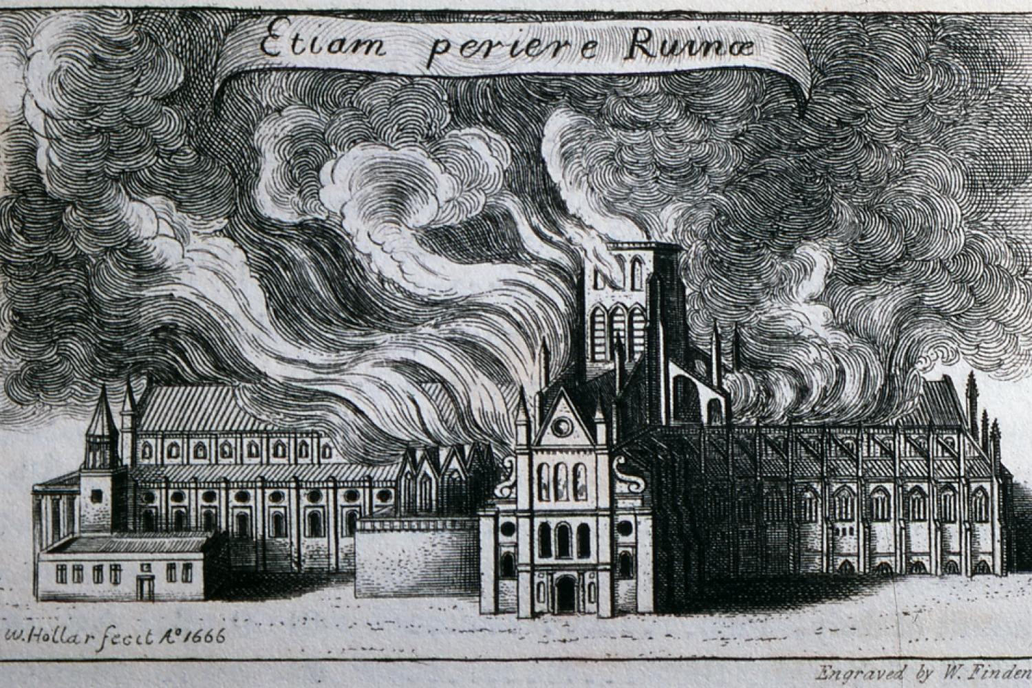 A drawing of Old St Paul's Cathedral on fire