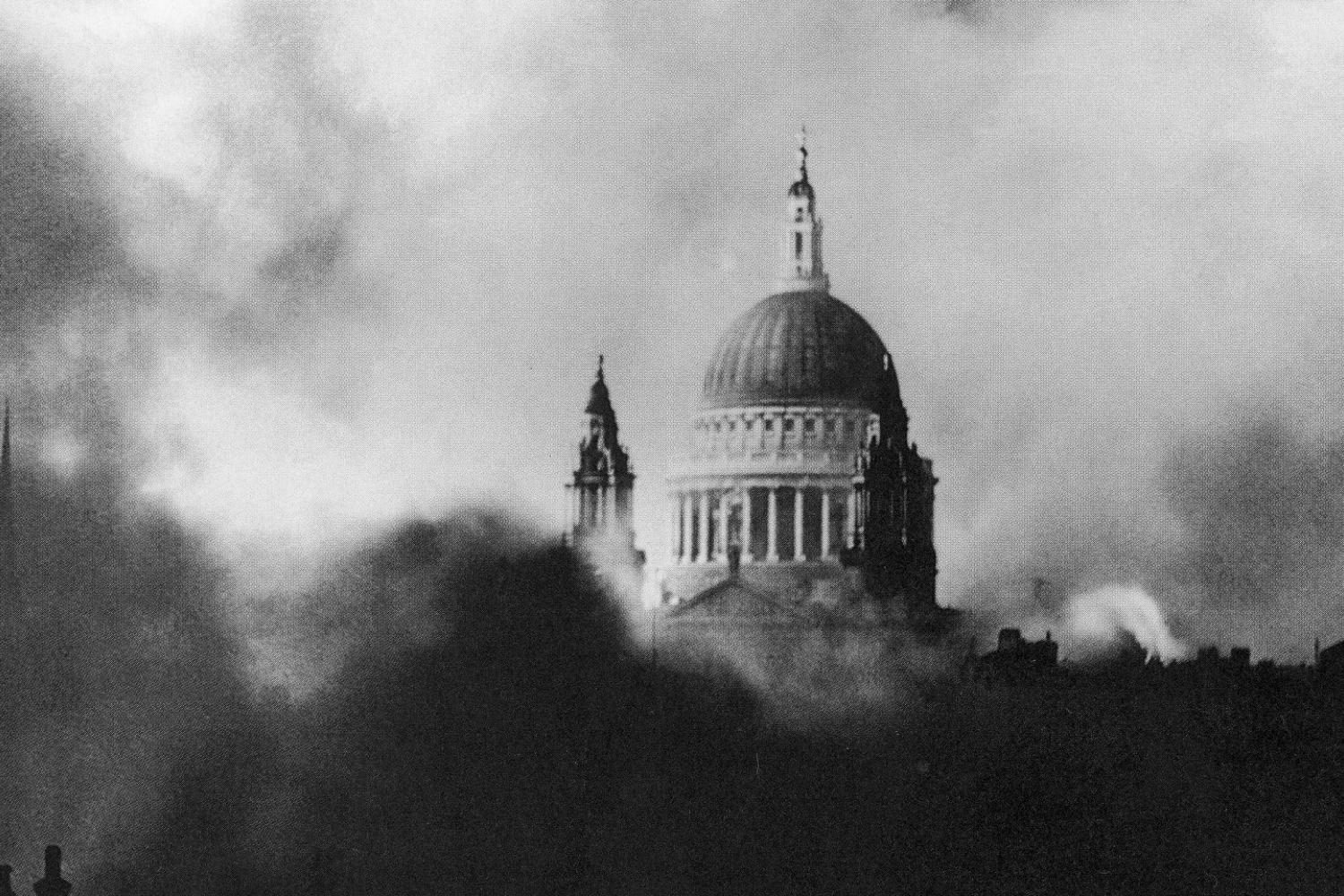A photograph of St Paul's Cathedral dome surrounded by smoke