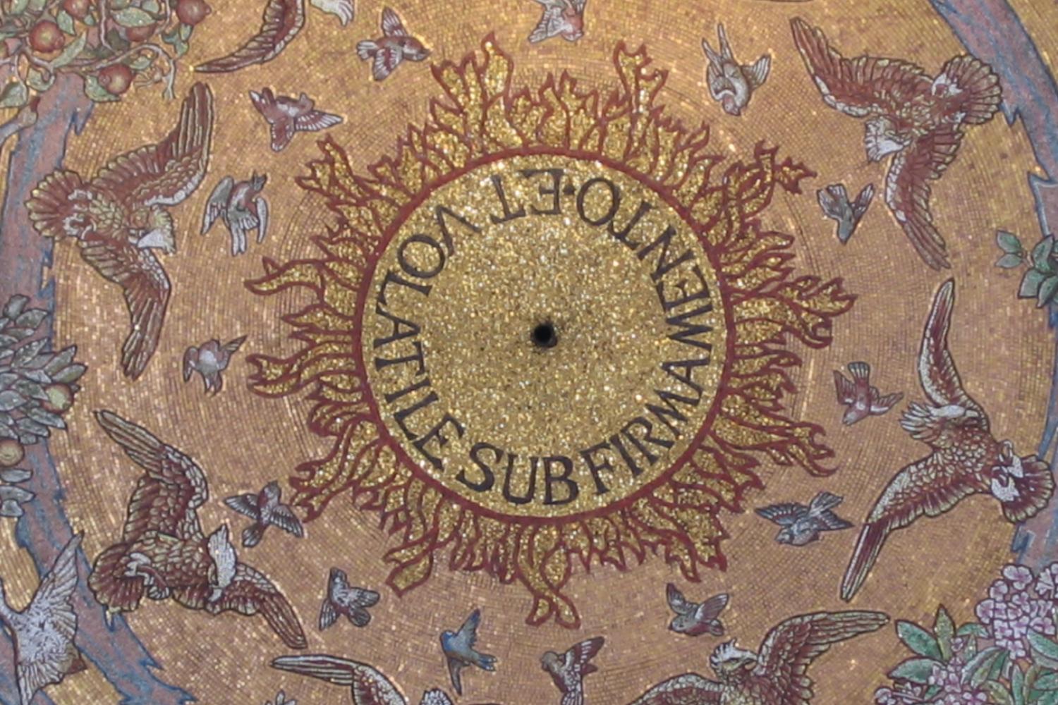 A close up image of the birds of the air mosaic in the cathedral