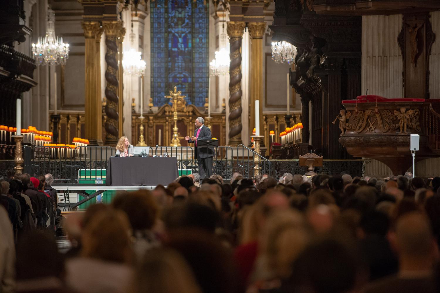 Bishop Curry and Paula Gooder on stage at an Adult Learning event in the cathedral