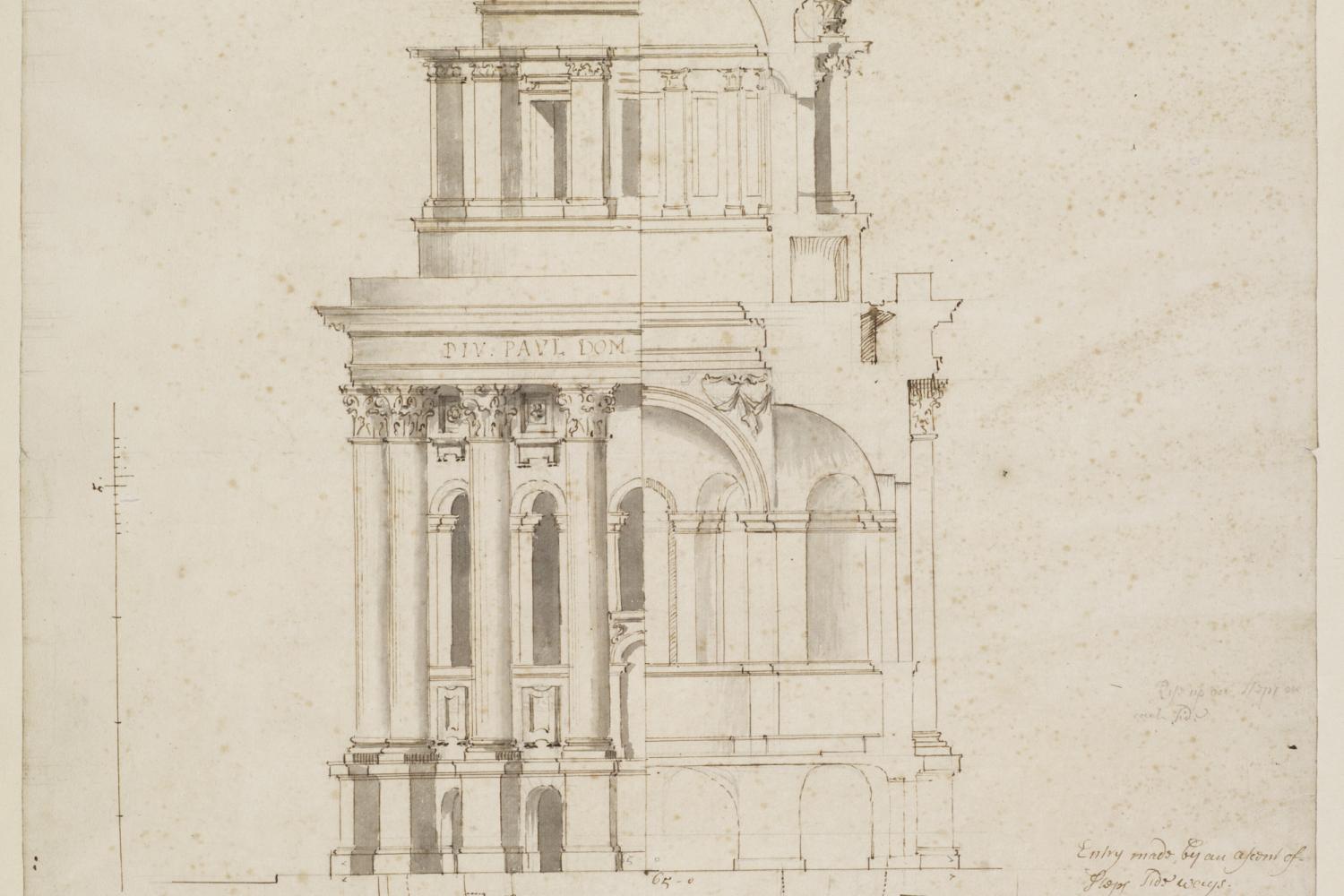 Fig. 3. Study by Hawksmoor in half-elevation, section and plan, for a mausoleum-like rotunda on the west side of the piazza, c.1696–97 (WRE/7/1/3)
