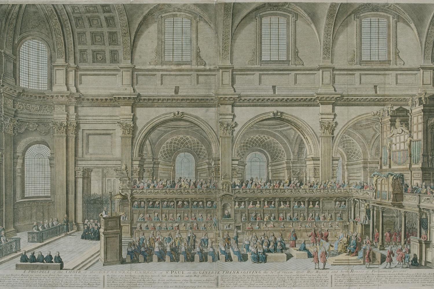 Fig. 6. Robert Trevitt's engraved view of the choir at a thanksgiving service attended by Queen Anne, 31 December 1706 (© City of London, London Metropolitan Archives)