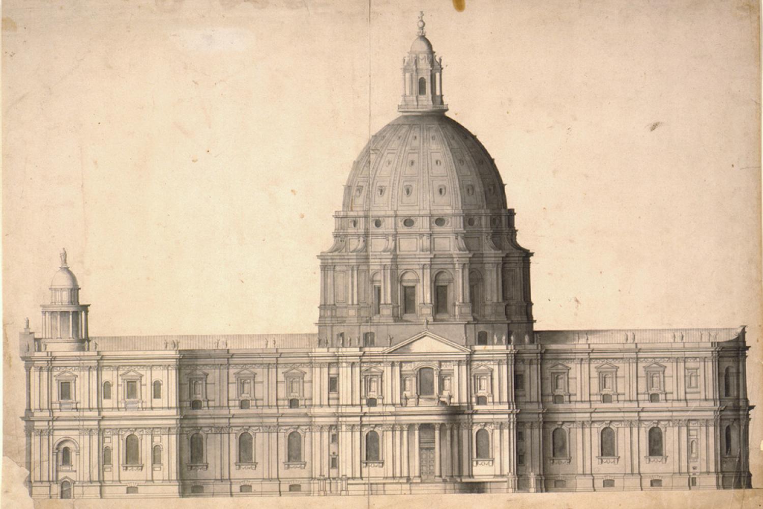 Fig. 1. ‘The Revised design’: South elevation, drawn by Hawksmoor, c.1686 (© All Souls College, Oxford, G.81)