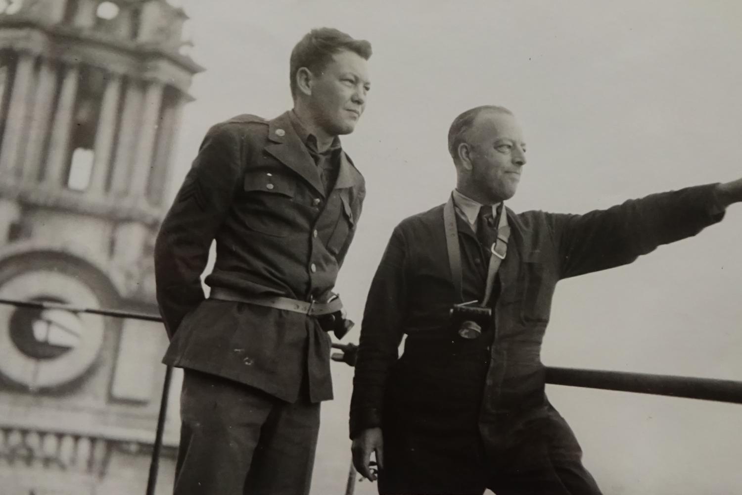 A black and white photograph of Richard Wakelin on the roof of St Paul's